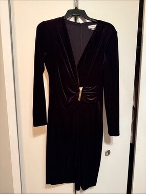 Calvin Klein Black Velvet Long-Sleeve Wrap Dress with Gold Accent